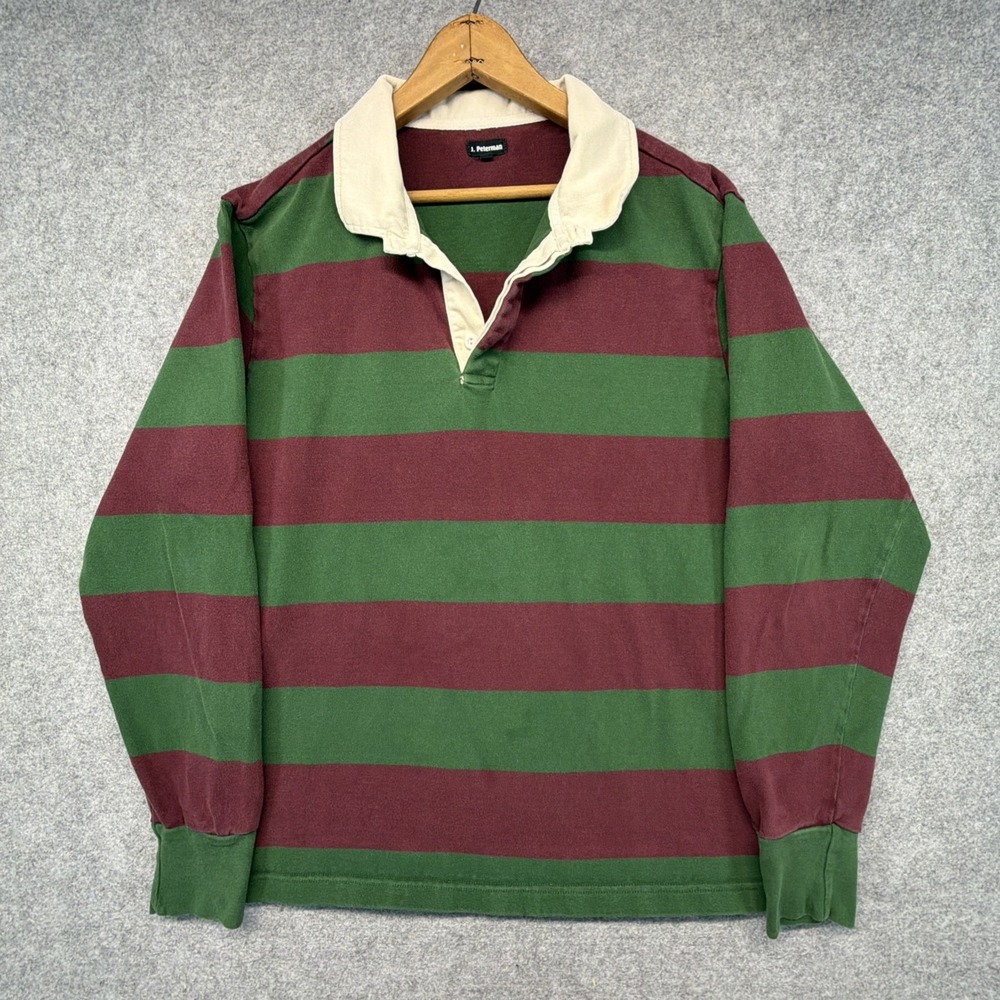J. Peterman Mens Xl Green Maroon Striped Long Sleeve Rugby Shirt
